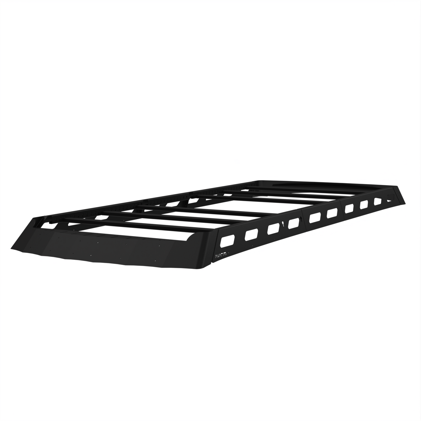 Avatar Offroad Pioneer roof rack for the Ford Transit shown as a low profile black platform rack
