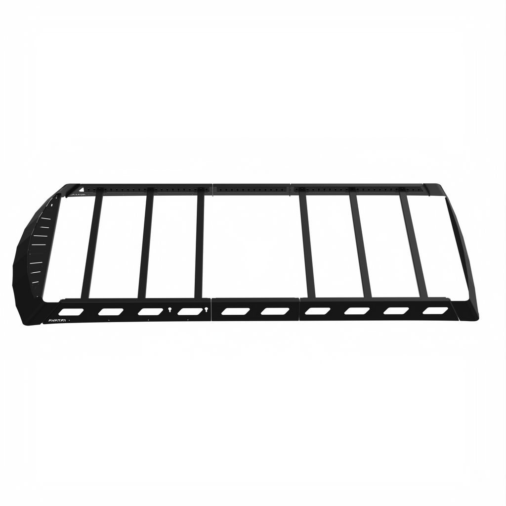 Another angle on the Avatar Offroad Pioneer Roof Rack for Ford Transit, fitted to an overland van build