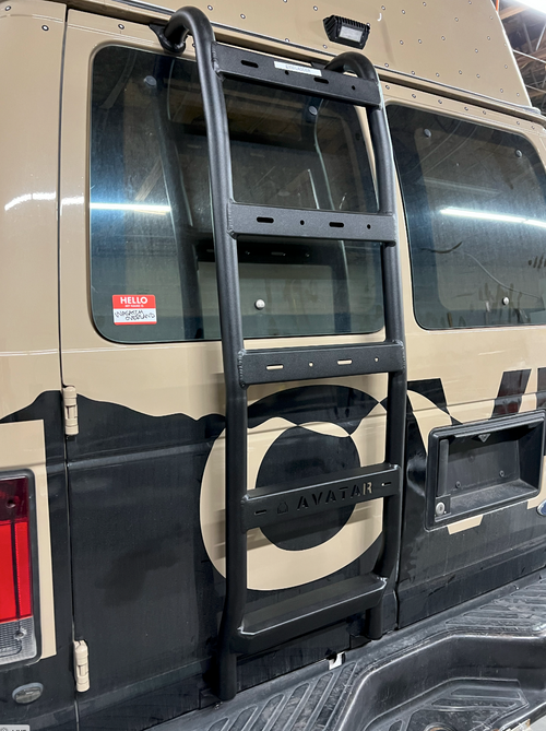 Alternate view of the Avatar Offroad Rear Ladder for Ford E-Series, part of the Avatar Offroad van storage and overland range