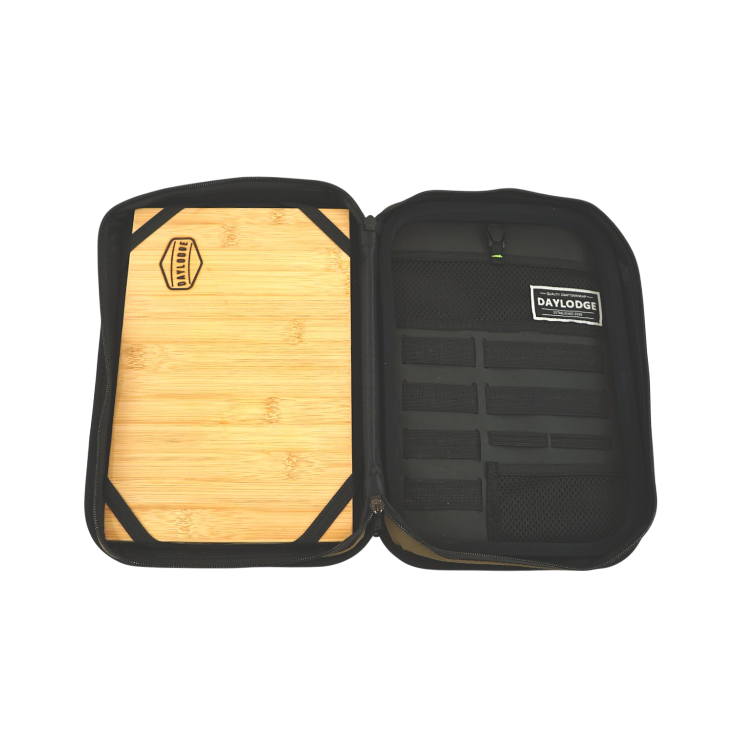 Open view of the DAYLODGE Gaucho Kitchen Case, part of a vehicle based camp and travel setup