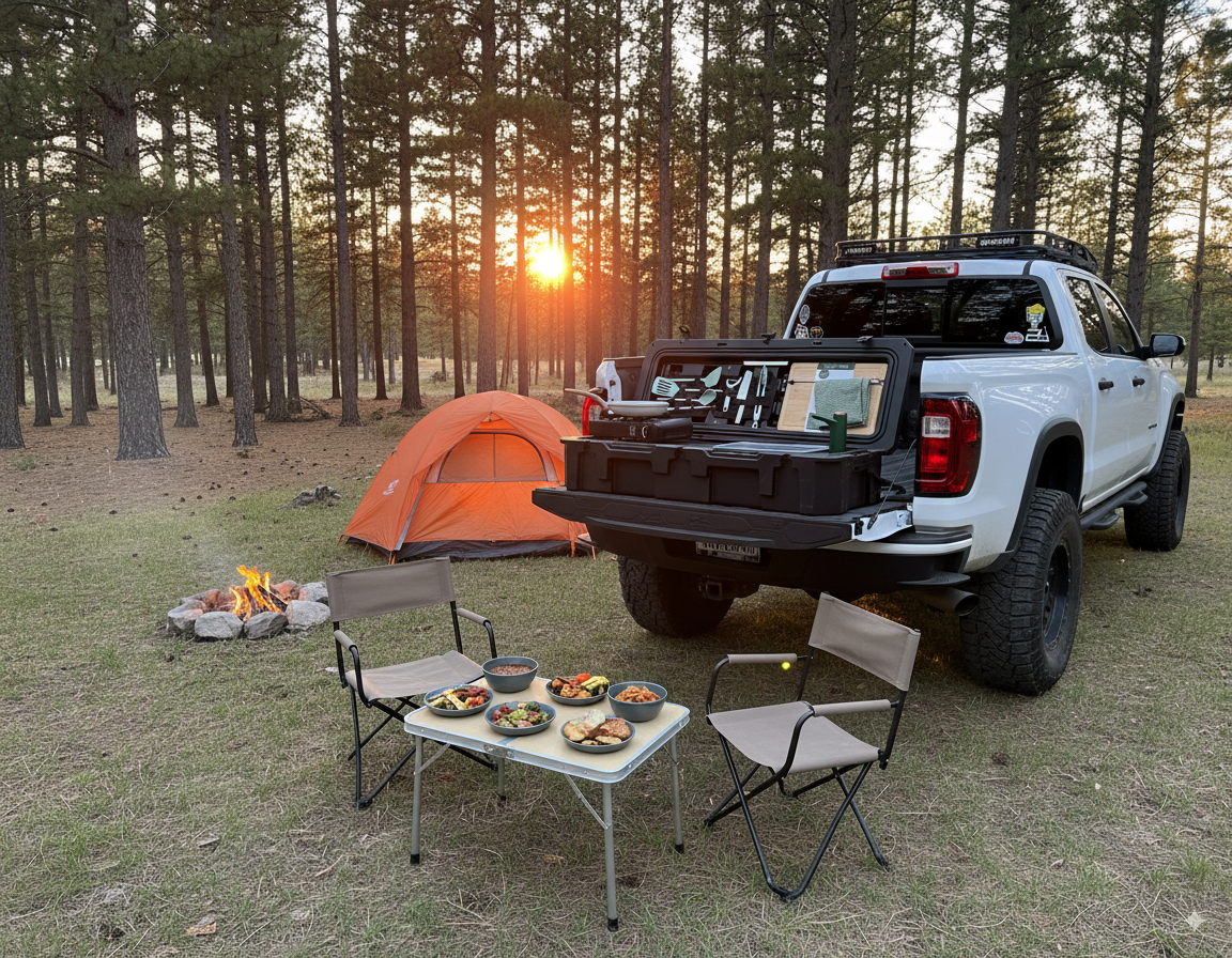 Supporting view of the VOZ Camp Kitchen Portable Cook Station, a portable cook station for vehicle based camp meals