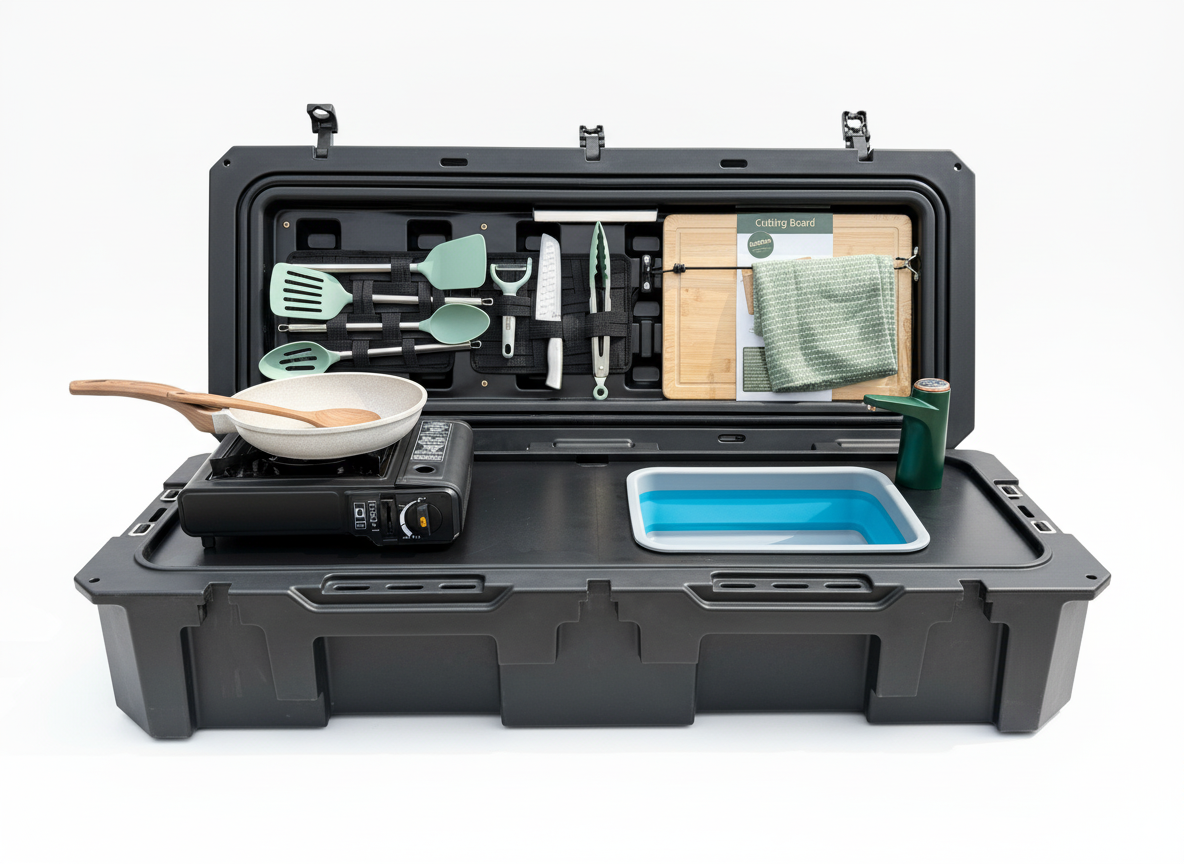 Wider view of the VOZ Camp Kitchen Portable Cook Station, a portable cook station for vehicle based camp meals