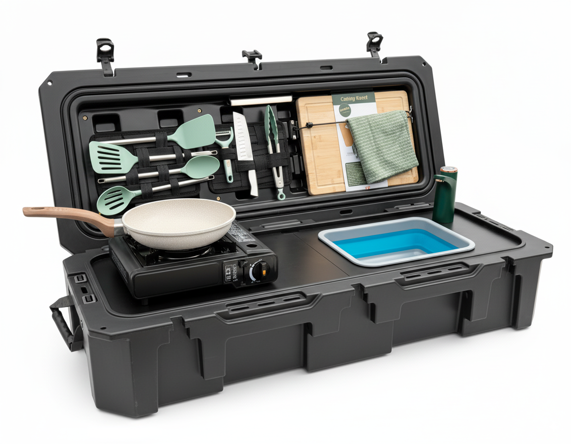 Close up of the VOZ Camp Kitchen Portable Cook Station, a portable cook station for vehicle based camp meals
