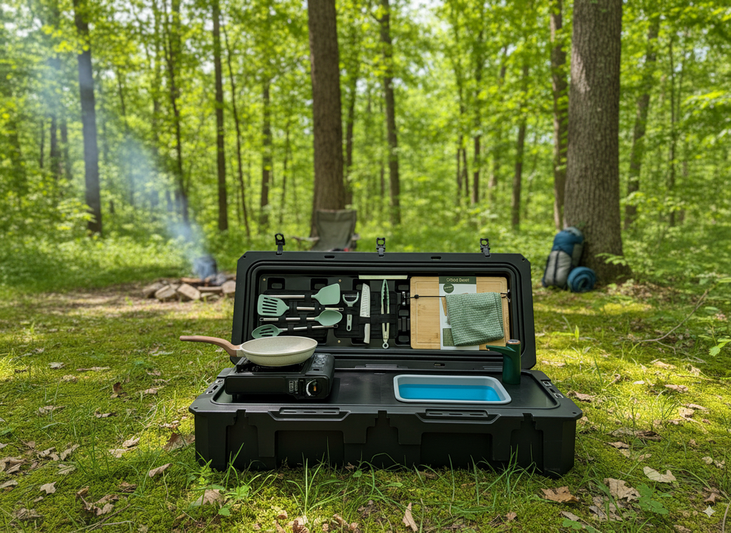 Lifestyle view of the VOZ Camp Kitchen Portable Cook Station, a portable cook station for vehicle based camp meals
