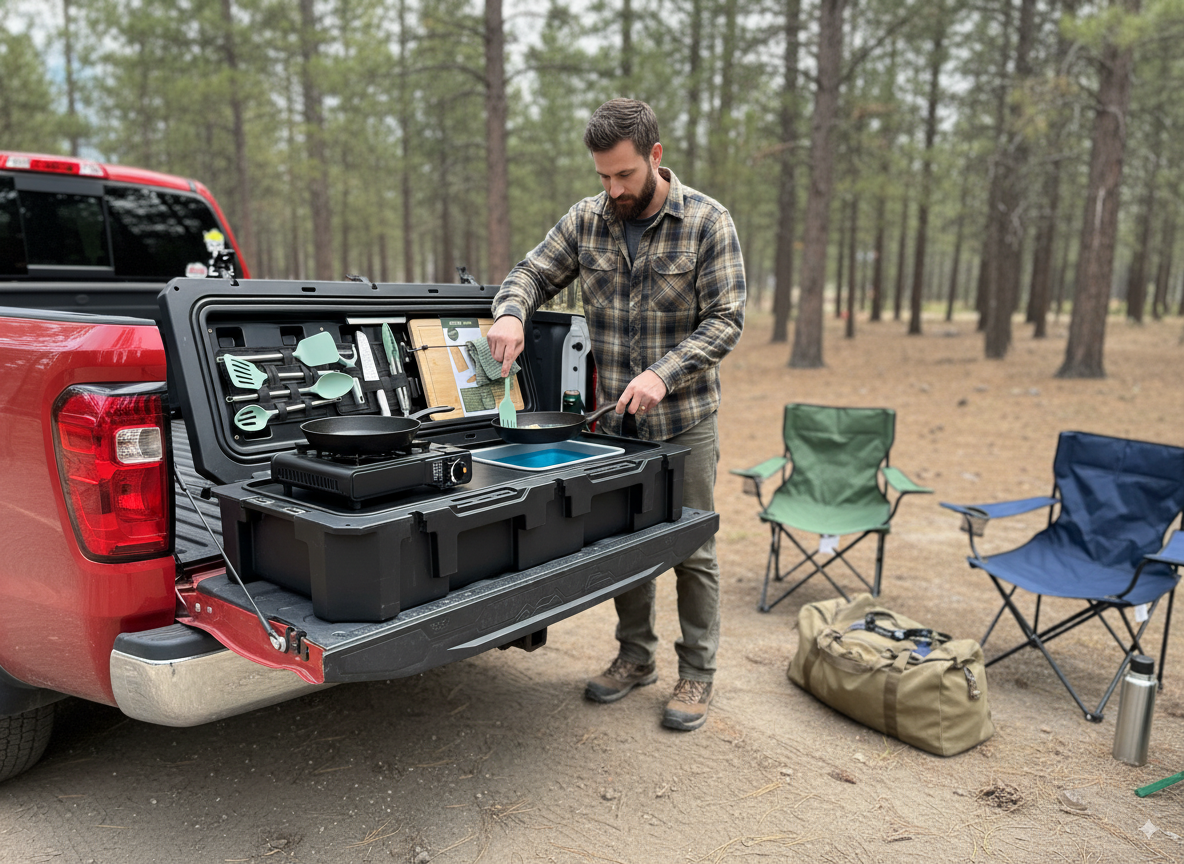 Context view of the VOZ Camp Kitchen Portable Cook Station, a portable cook station for vehicle based camp meals