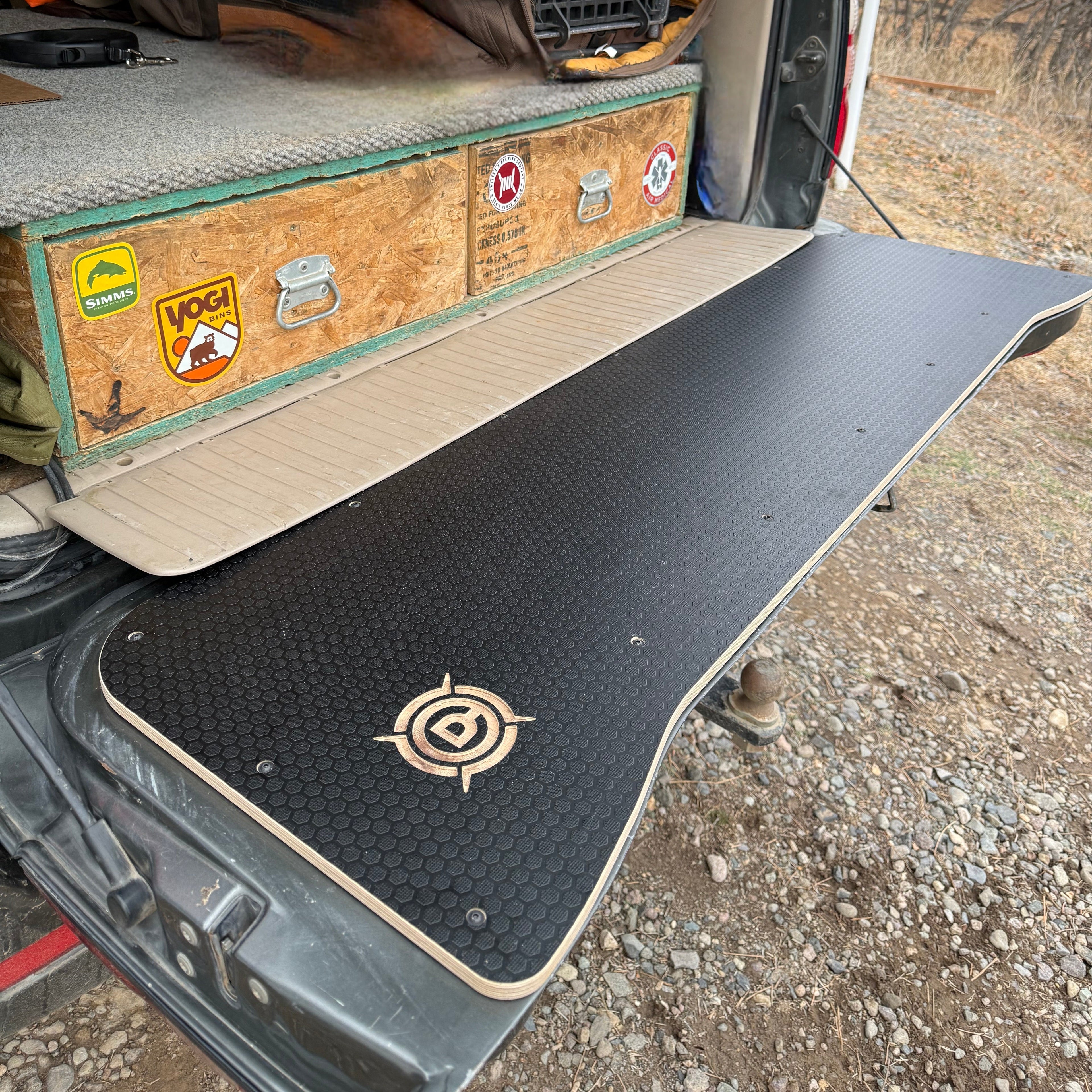 Additional view of the Overland Custom Design Land Cruiser Tailgate Work Panel, a fabricated part for Land Cruiser builds