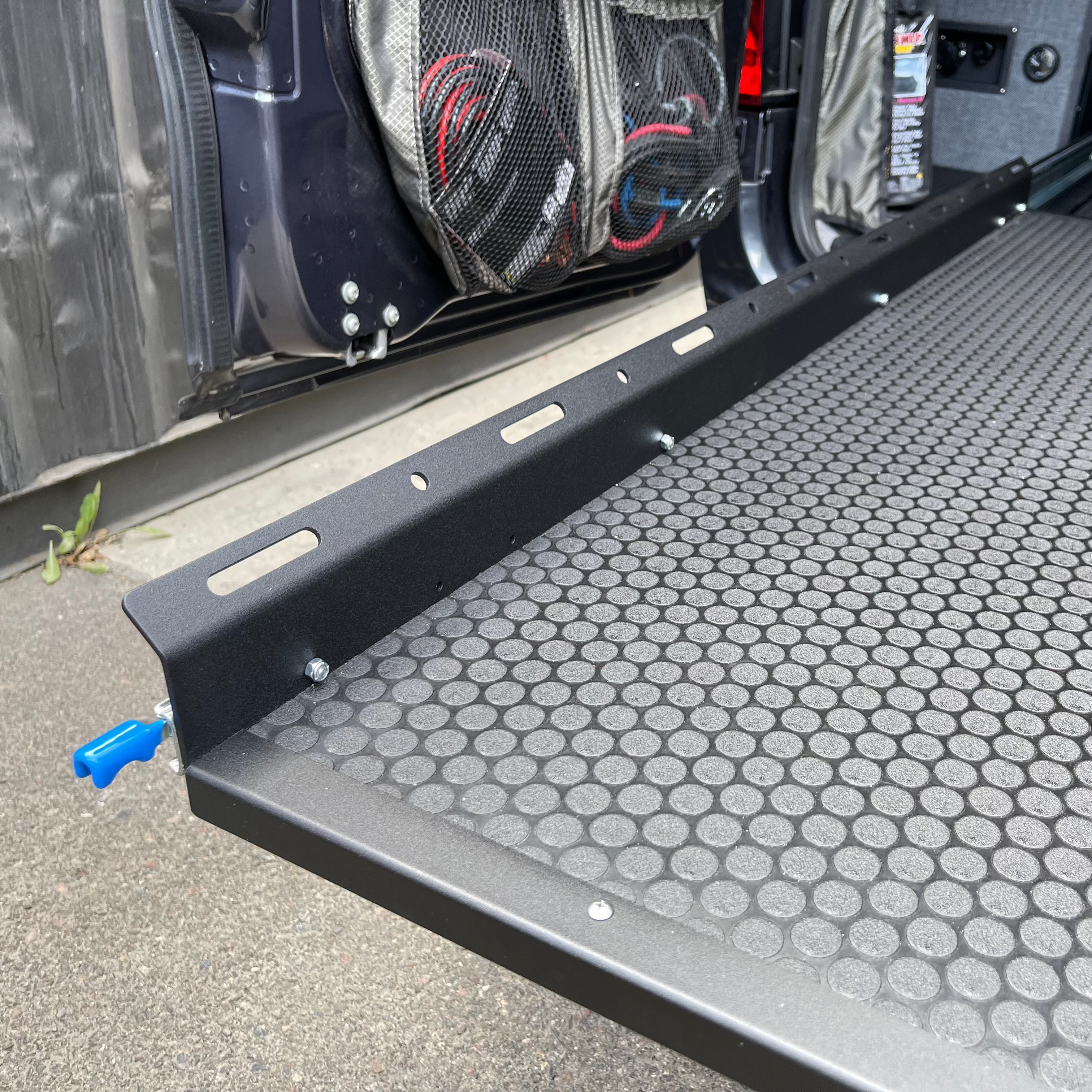 Another angle on the RB Components 60 Inch DIY Slide Tray Kit, a full extension slide tray with a timber deck for van cargo