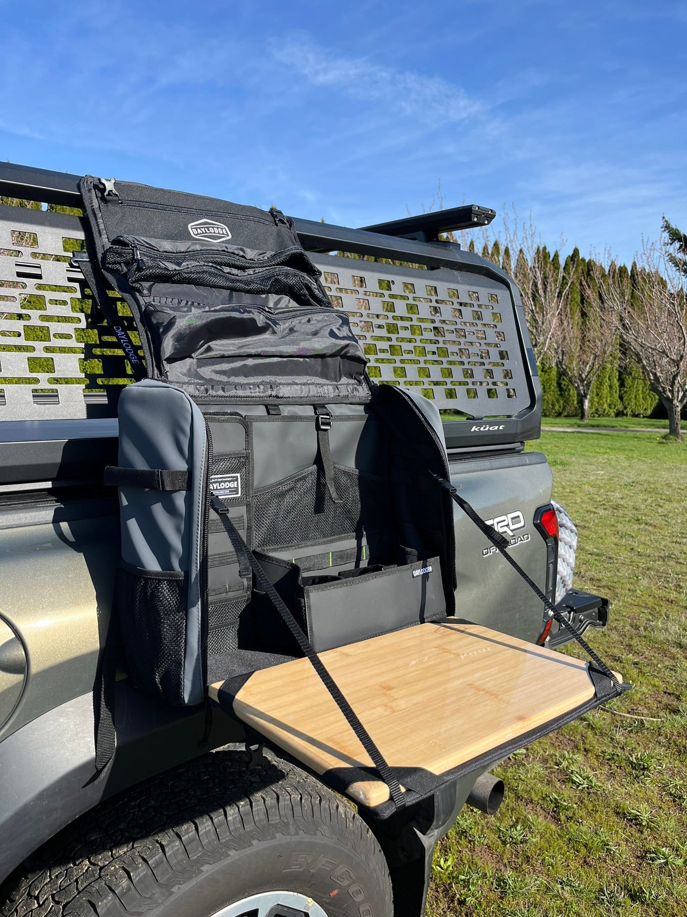 DAYLODGE Workspace field bag packed and ready to carry, a soft case for a mobile camp kitchen