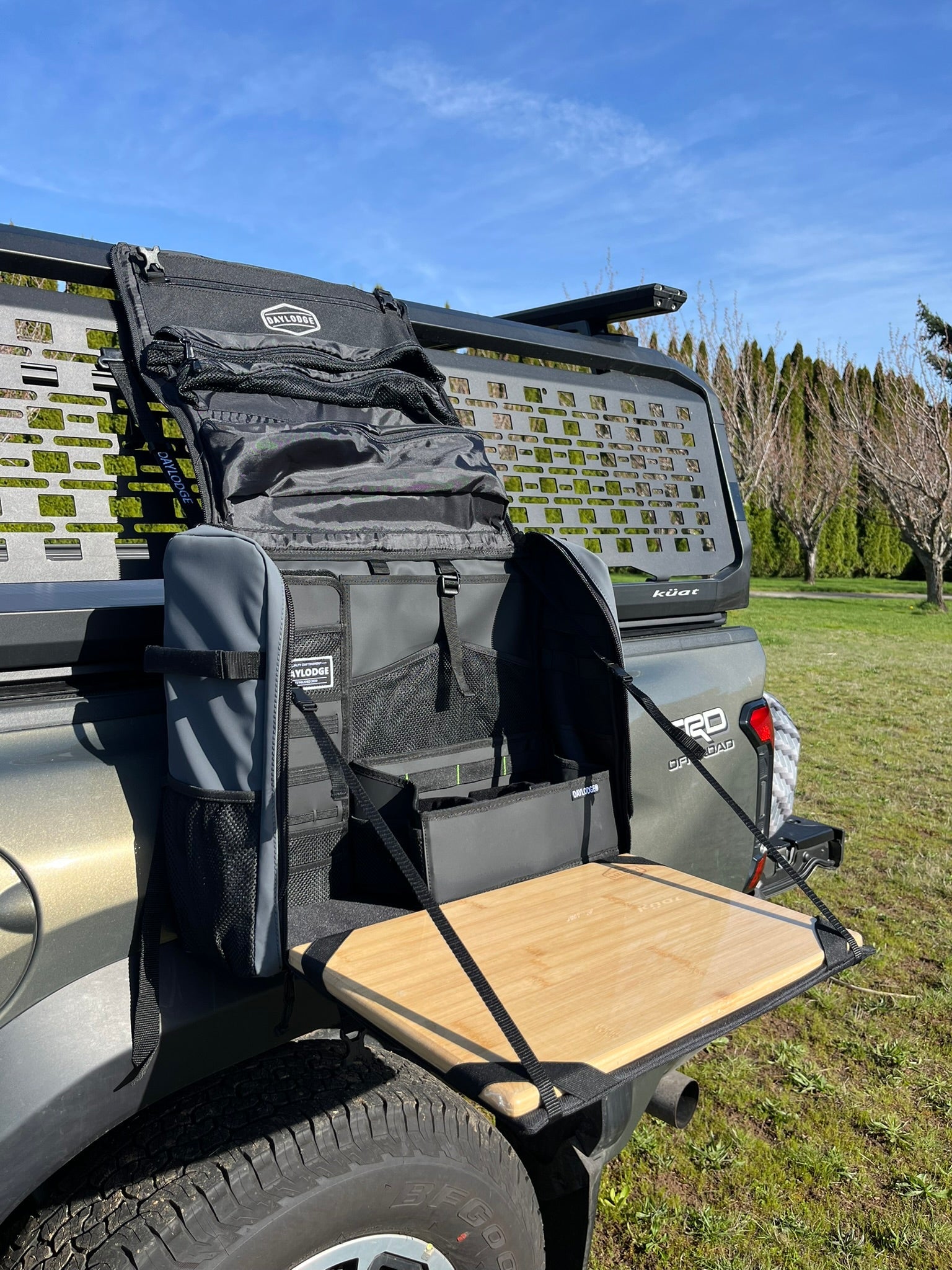DAYLODGE Workspace field bag packed and ready to carry, a soft case for a mobile camp kitchen