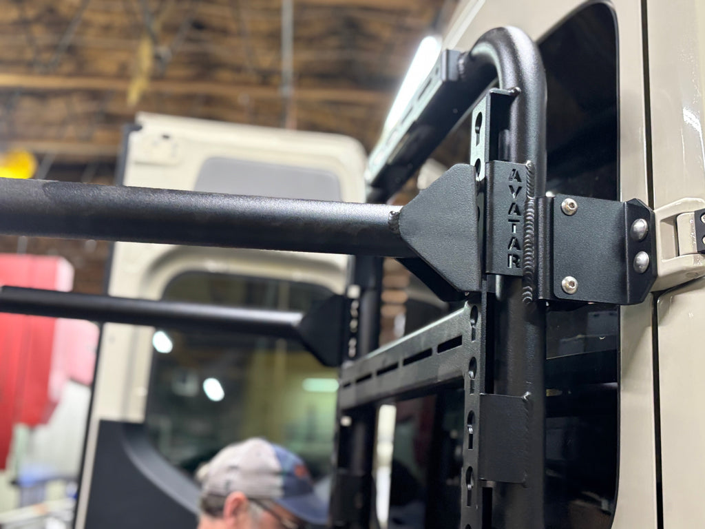 Further view of the Avatar Offroad Bike Posts for the Massif System, fitted to an overland van build