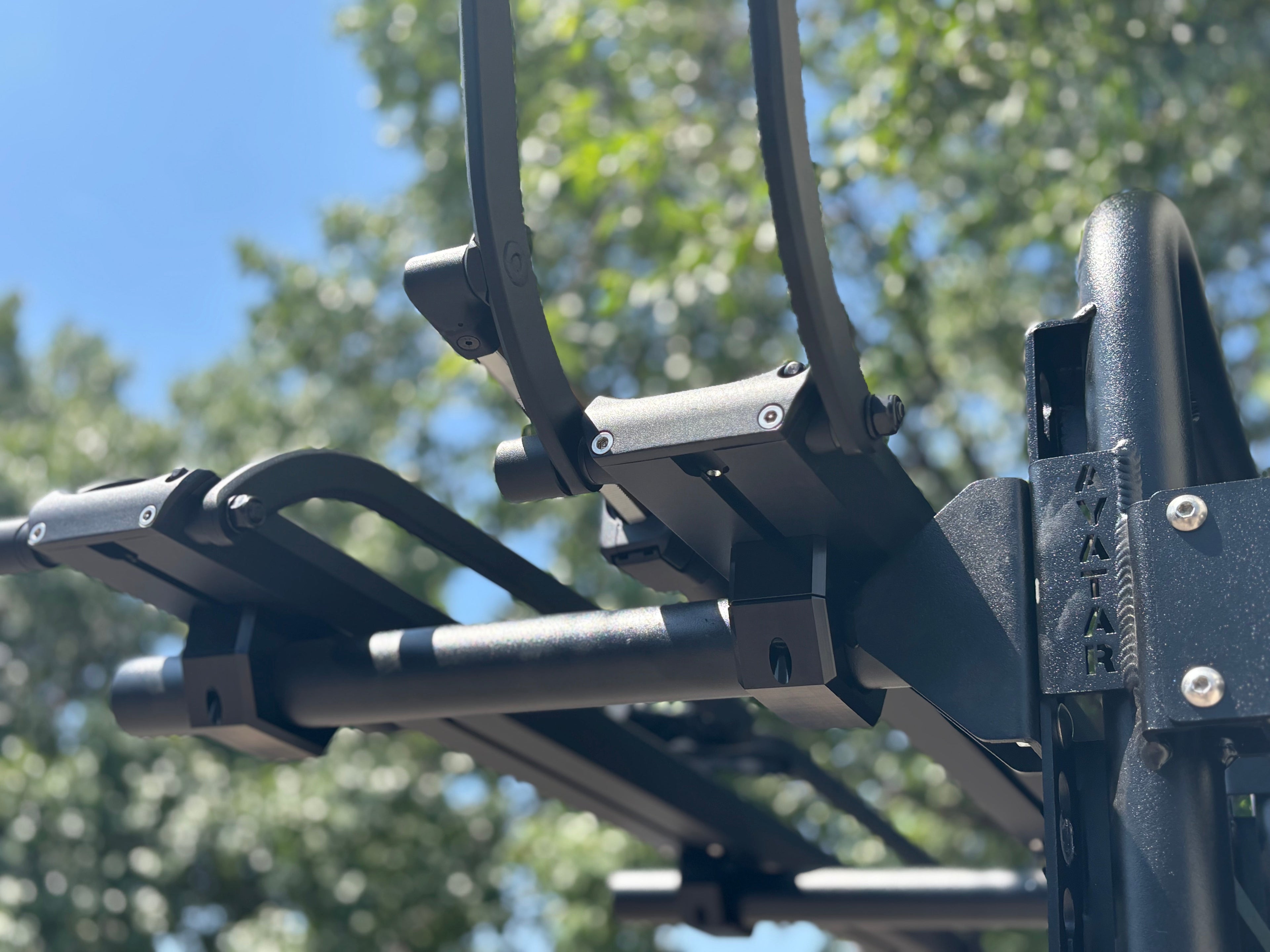Another angle on the Avatar Offroad Bike Posts for the Massif System, fitted to an overland van build