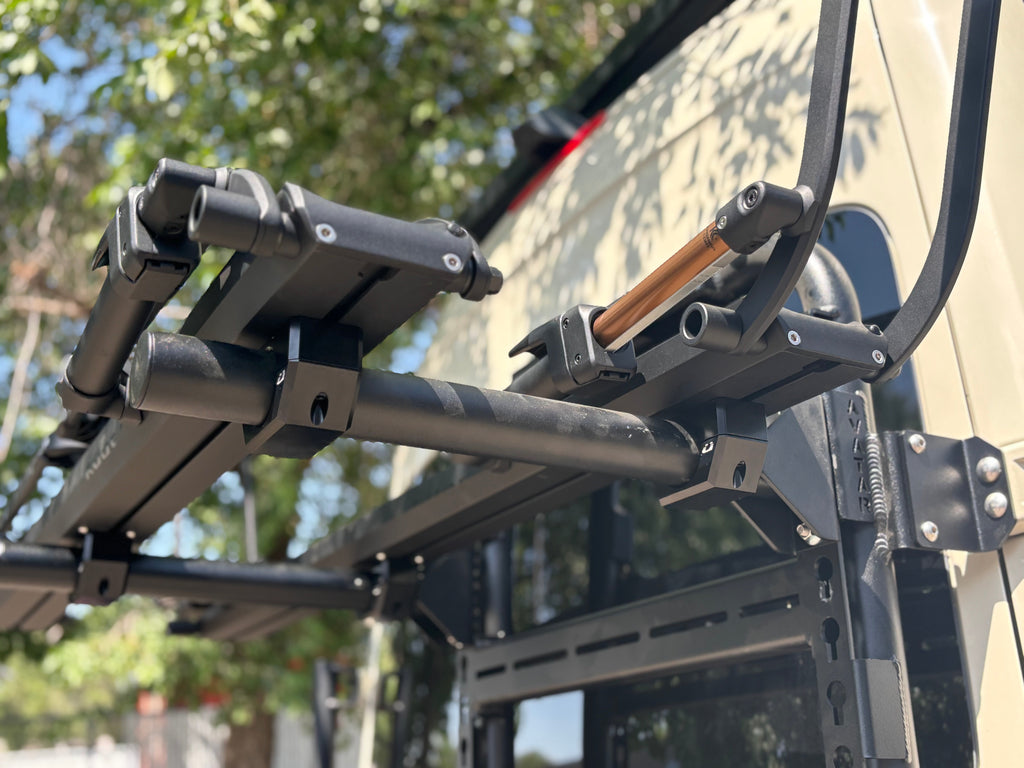 Close up of the Avatar Offroad Bike Posts for the Massif System, part of the Avatar Offroad van storage and overland range