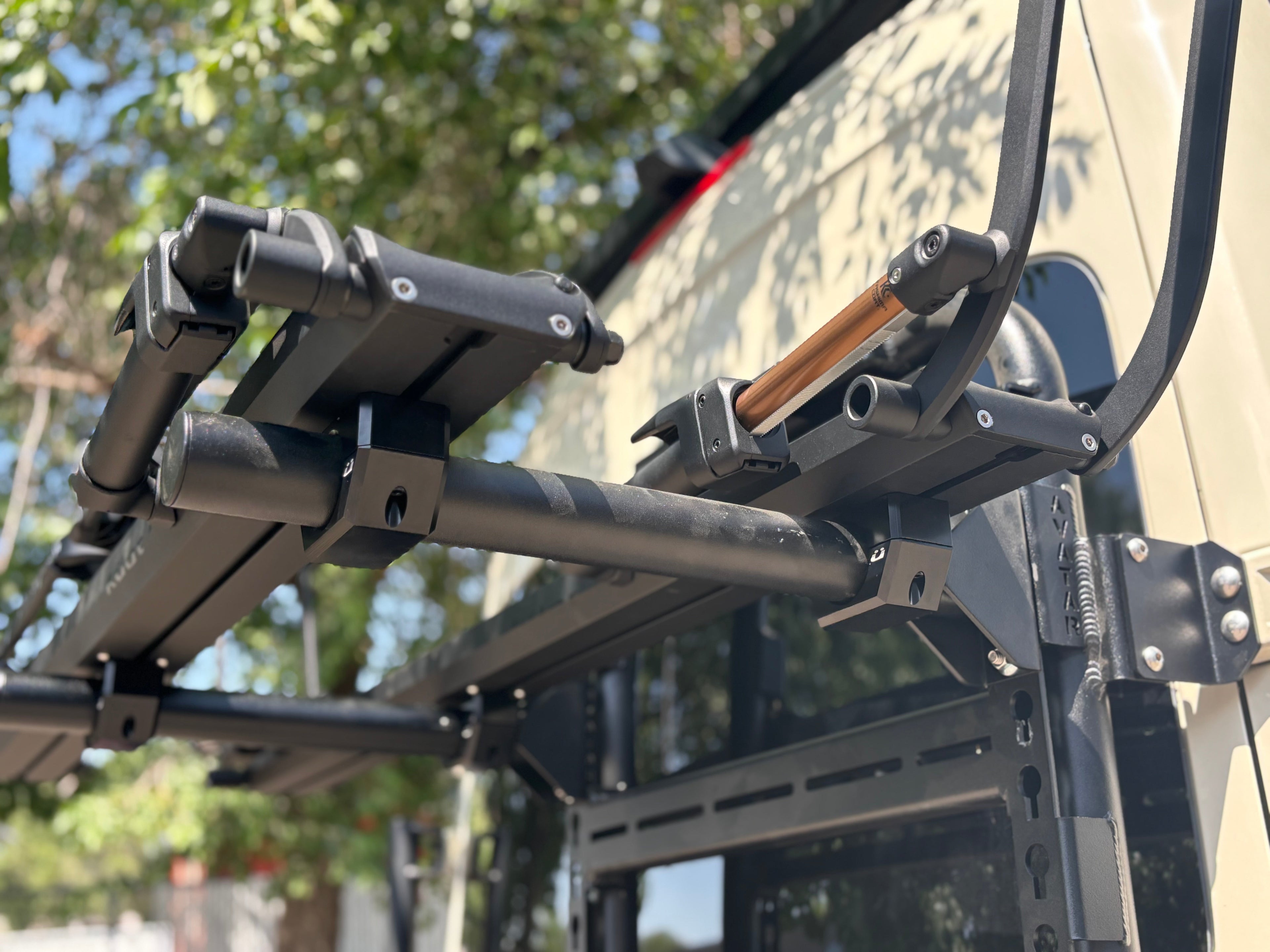 Close up of the Avatar Offroad Bike Posts for the Massif System, part of the Avatar Offroad van storage and overland range