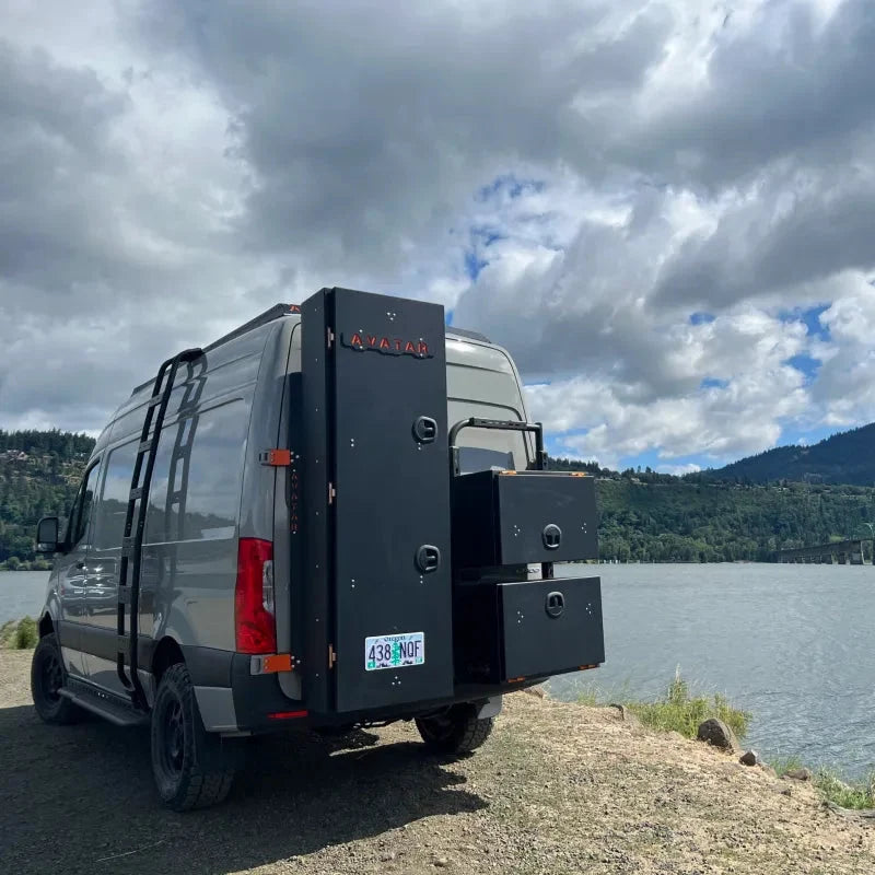 Wider view of the Avatar Offroad Ski 6 Rear Door Ski and Snowboard Box, fitted to an overland van build