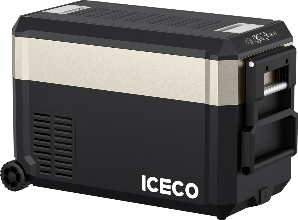 Handle detail of the ICECO JP40 Pro Dual Zone Wheeled Fridge Freezer, a 12 volt compressor fridge for overland travel