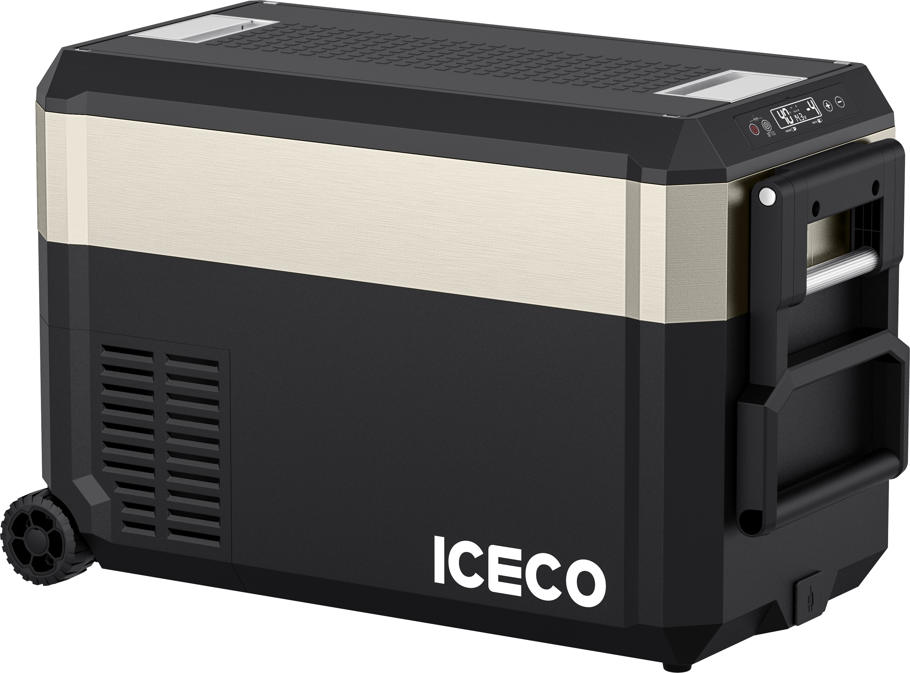 Handle detail of the ICECO JP40 Pro Dual Zone Wheeled Fridge Freezer, a 12 volt compressor fridge for overland travel