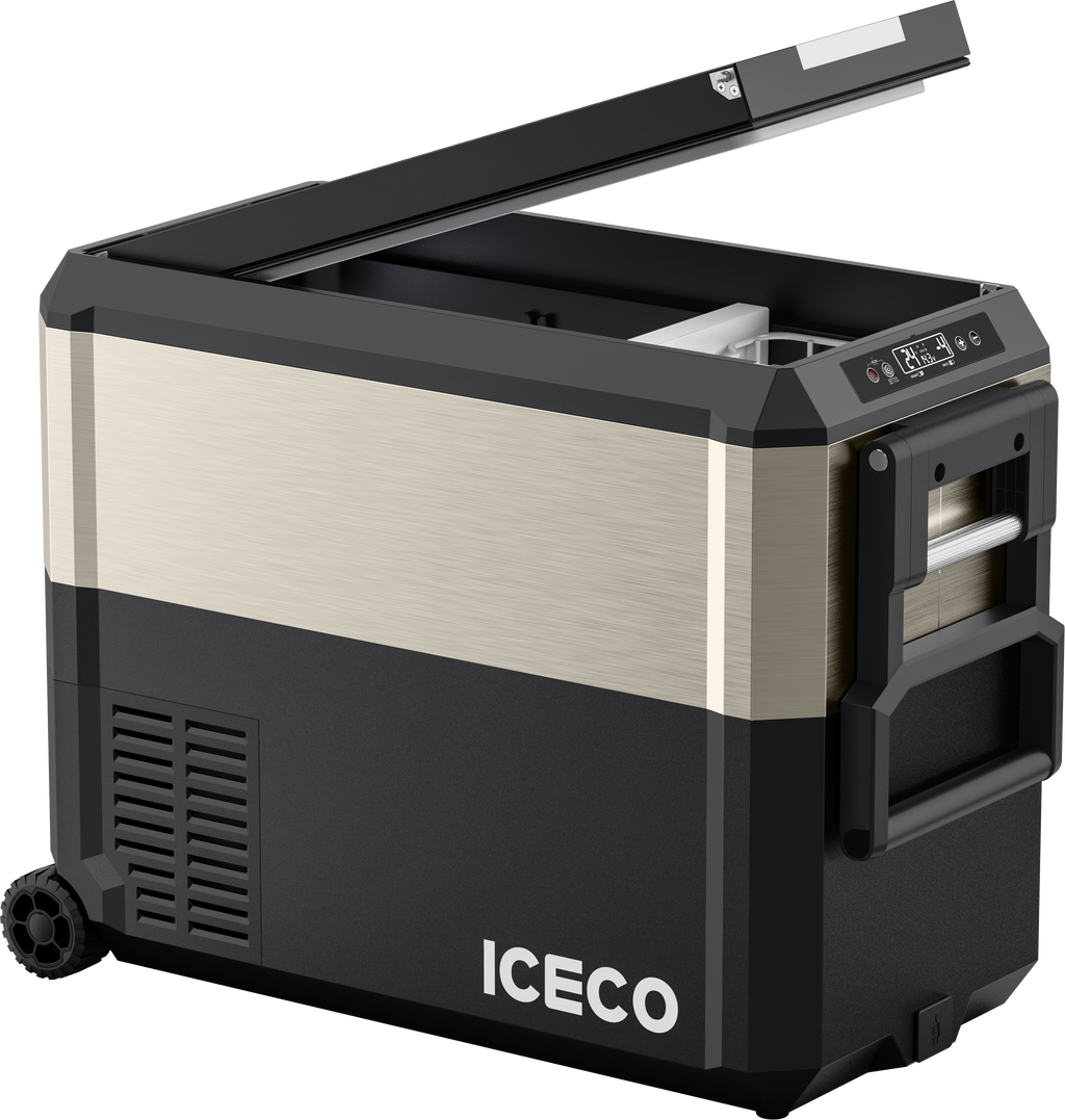 Open view of the ICECO JP50 Pro Dual Zone Wheeled Fridge with Cover, a quilted insulated cover for the portable fridge
