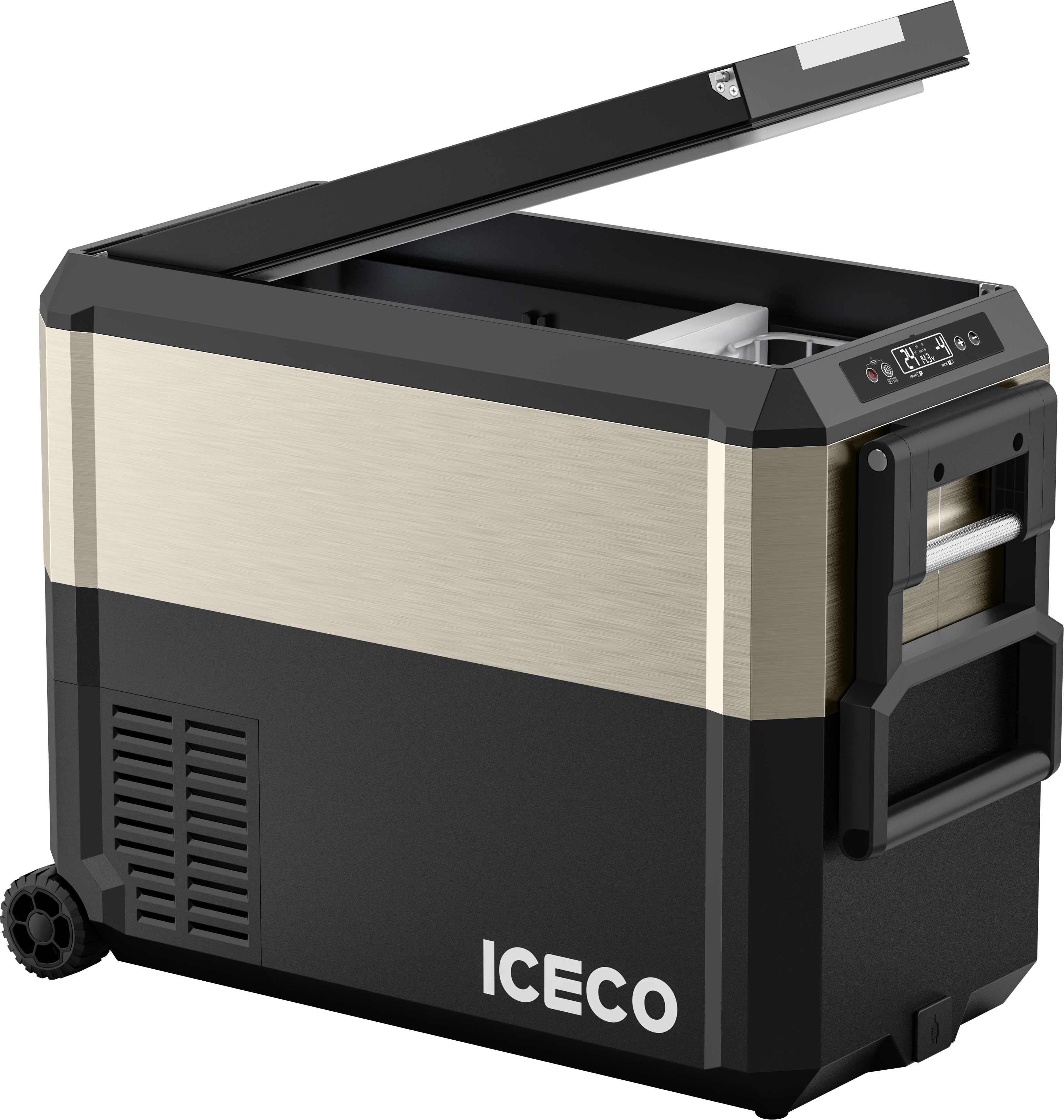 Open view of the ICECO JP50 Pro Dual Zone Wheeled Fridge with Cover, a quilted insulated cover for the portable fridge