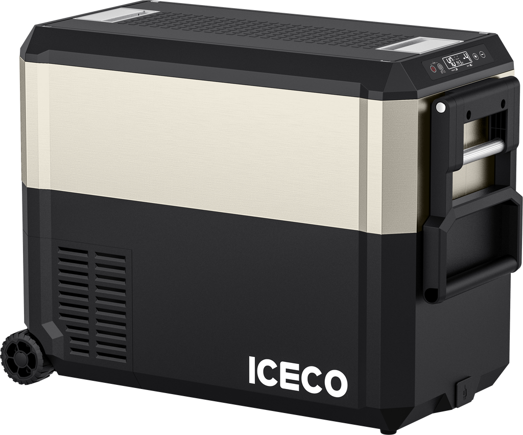 ICECO JP50 Pro dual zone wheeled fridge, a close view of the control panel and carry handle