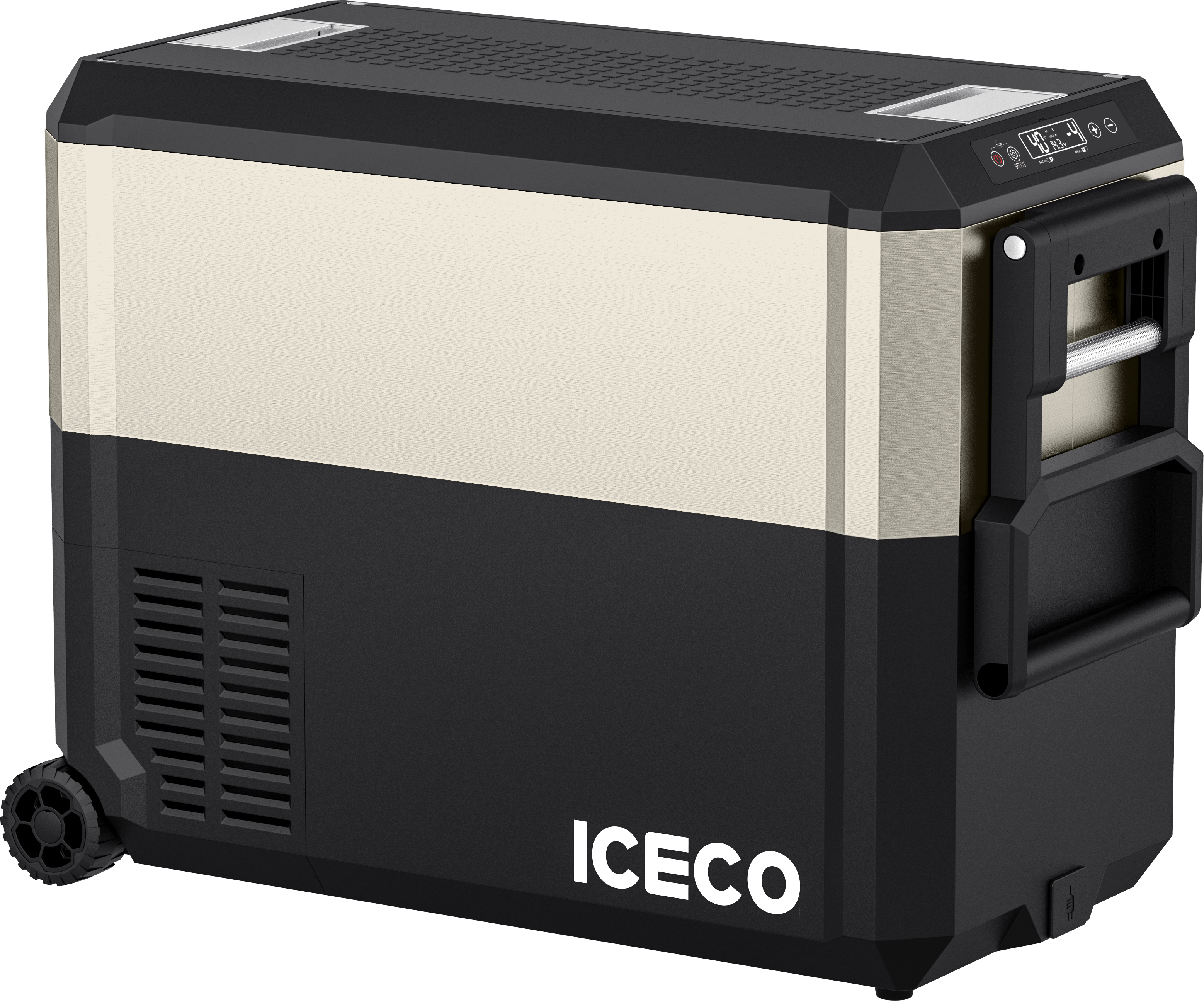 ICECO JP50 Pro dual zone wheeled fridge, a close view of the control panel and carry handle