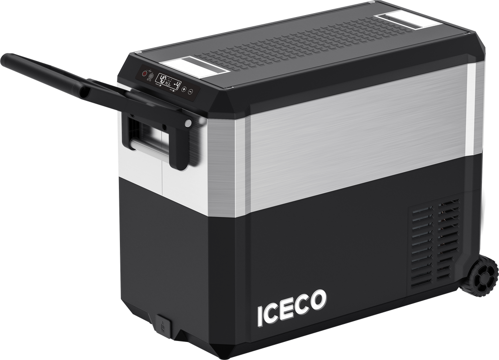 Handle detail of the ICECO JP50 Pro Dual Zone Wheeled Fridge with Cover, a quilted insulated cover for the portable fridge