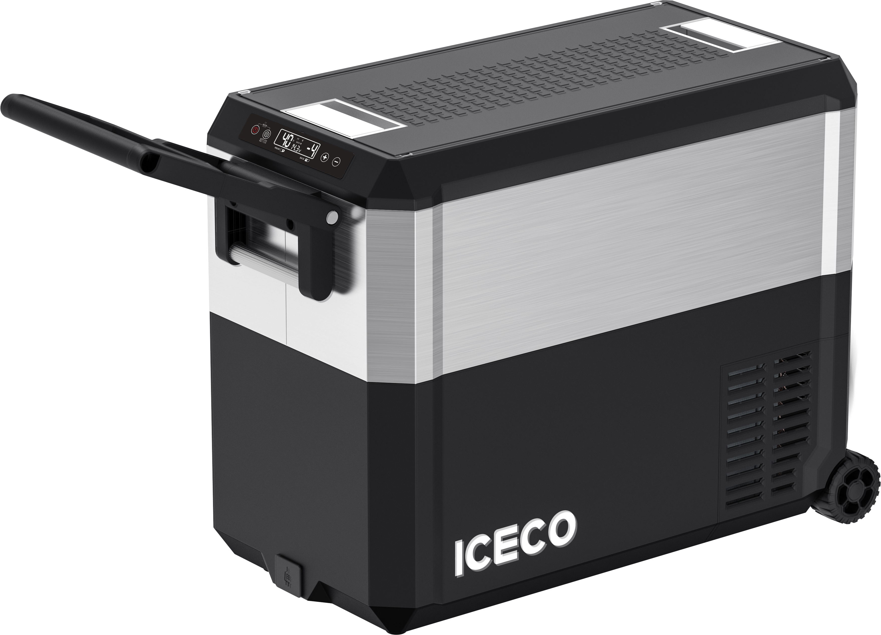 Handle detail of the ICECO JP50 Pro Dual Zone Wheeled Fridge with Cover, a quilted insulated cover for the portable fridge