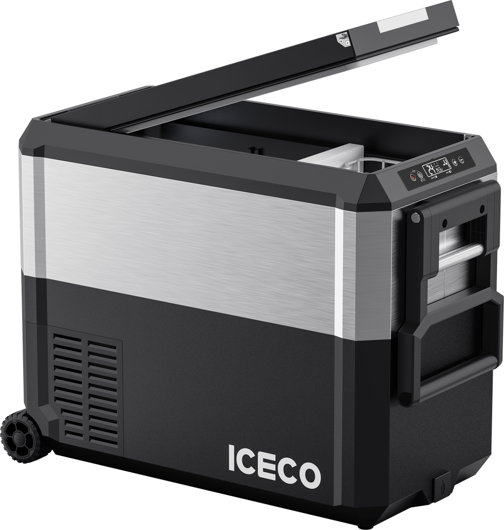 Installed view of the ICECO JP50 Pro Dual Zone Wheeled Fridge with Cover, a quilted insulated cover for the portable fridge