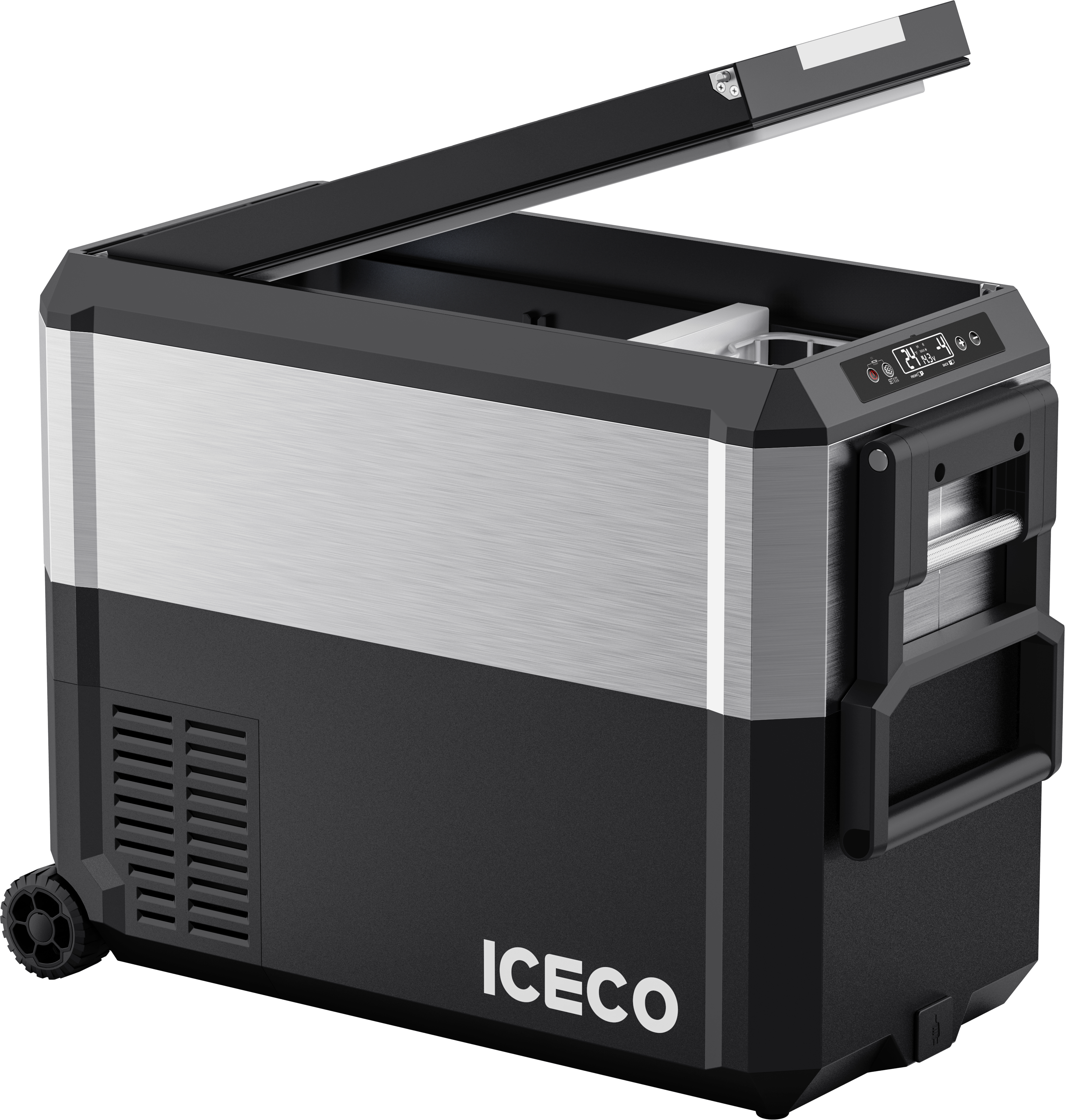 Installed view of the ICECO JP50 Pro Dual Zone Wheeled Fridge with Cover, a quilted insulated cover for the portable fridge