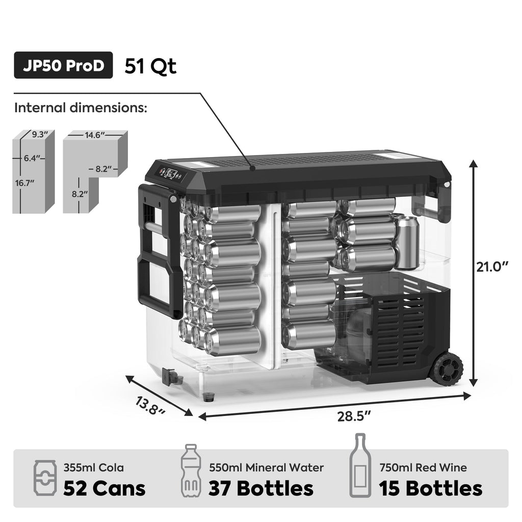 Interior view of the ICECO JP50 Pro Dual Zone Wheeled Fridge with Cover, a quilted insulated cover for the portable fridge
