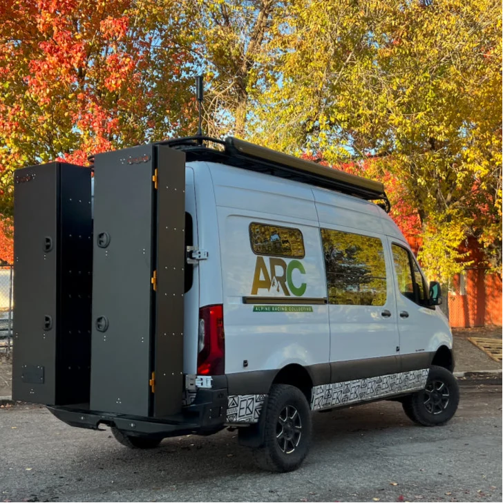 Additional view of the Avatar Offroad Ski 6 Rear Door Ski and Snowboard Box, fitted to an overland van build