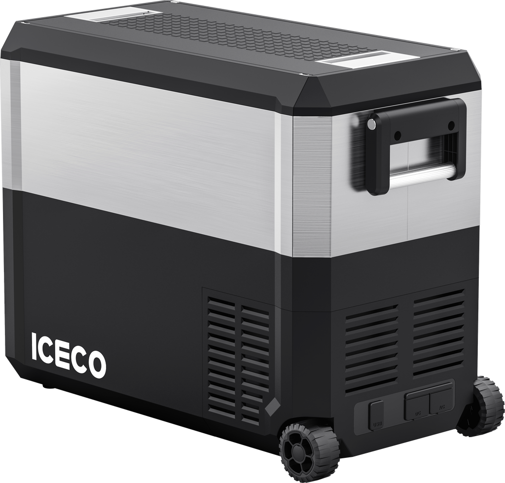 In use view of the ICECO JP50 Pro Dual Zone Wheeled Fridge with Cover, a quilted insulated cover for the portable fridge