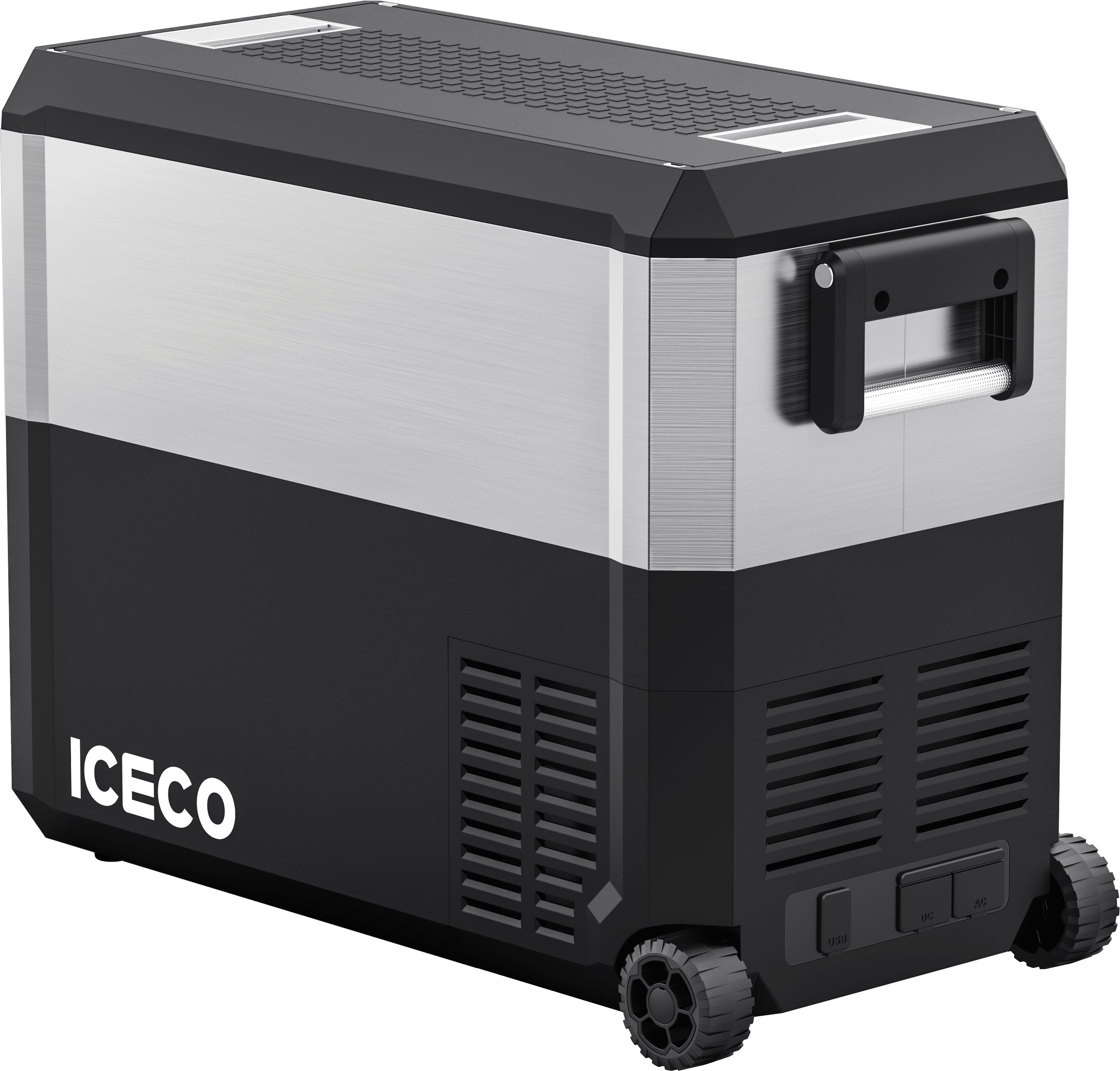 In use view of the ICECO JP50 Pro Dual Zone Wheeled Fridge with Cover, a quilted insulated cover for the portable fridge
