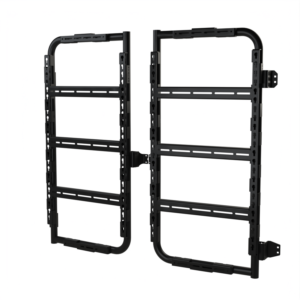Angled view of the Avatar Offroad Massif Van Rear Door Storage System, fitted to an overland van build