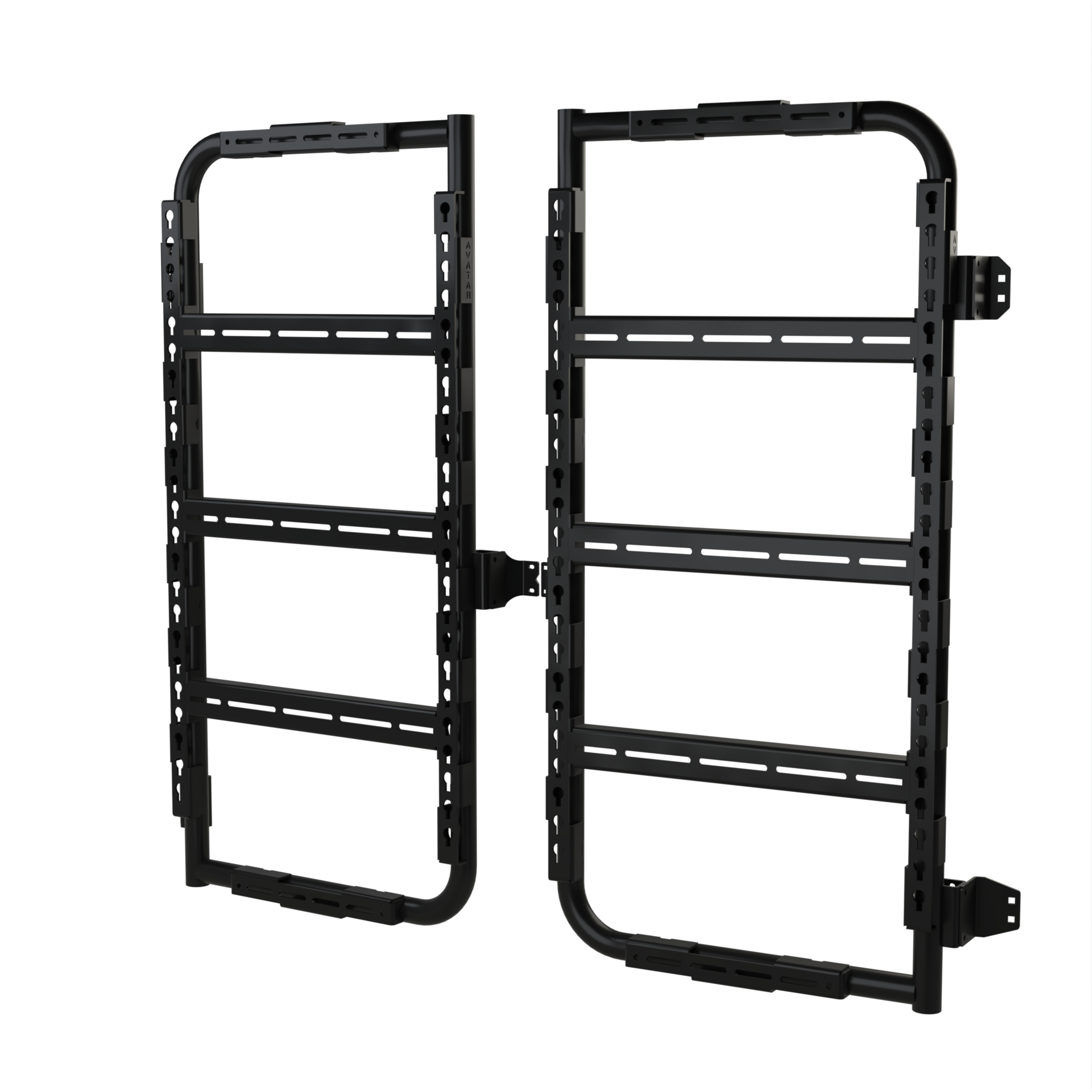 Angled view of the Avatar Offroad Massif Van Rear Door Storage System, fitted to an overland van build