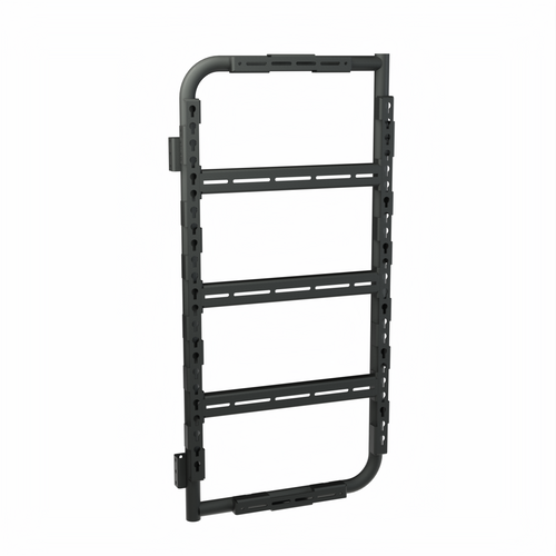 Avatar Offroad Massif rear door storage system on the driver side door of a van, ready for boxes