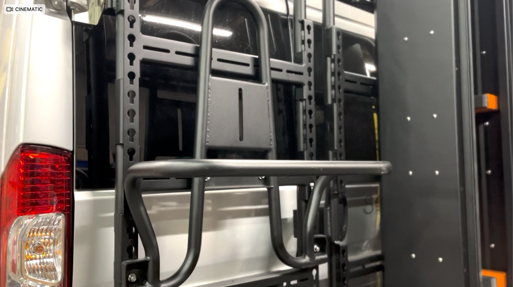 Studio view of the Avatar Offroad Massif Van Rear Door Storage System, fitted to an overland van build