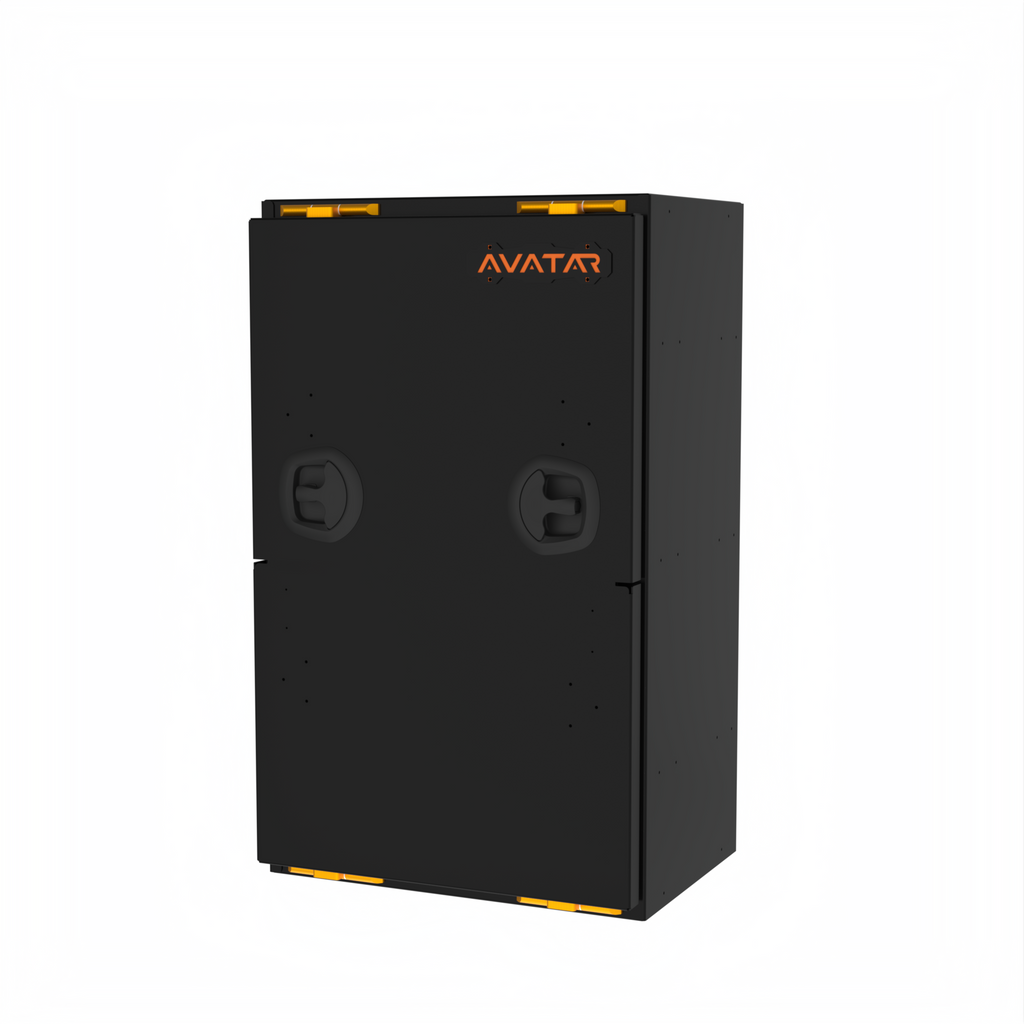 Avatar Offroad Mega large van storage box shown closed in slim matte black powder coated aluminium