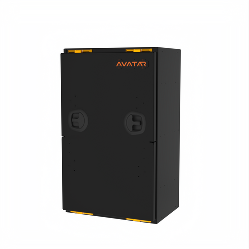 Avatar Offroad Mega large van storage box shown closed in slim matte black powder coated aluminium