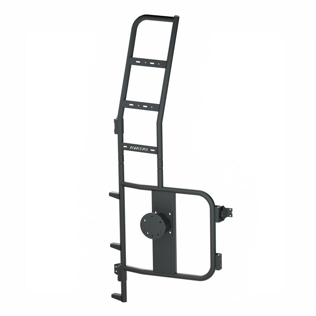 Avatar Offroad rear ladder with tire carrier on a Mercedes Sprinter rear door, holding a spare wheel