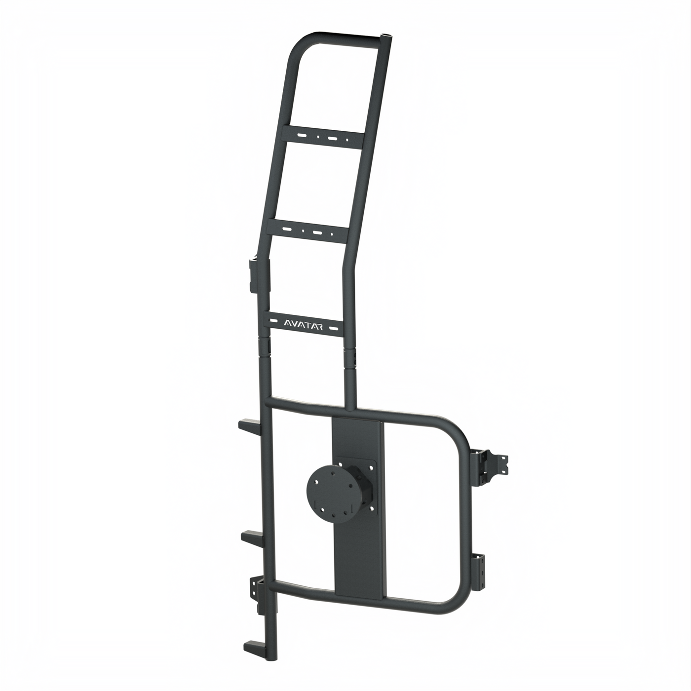 Avatar Offroad rear ladder with tire carrier on a Mercedes Sprinter rear door, holding a spare wheel