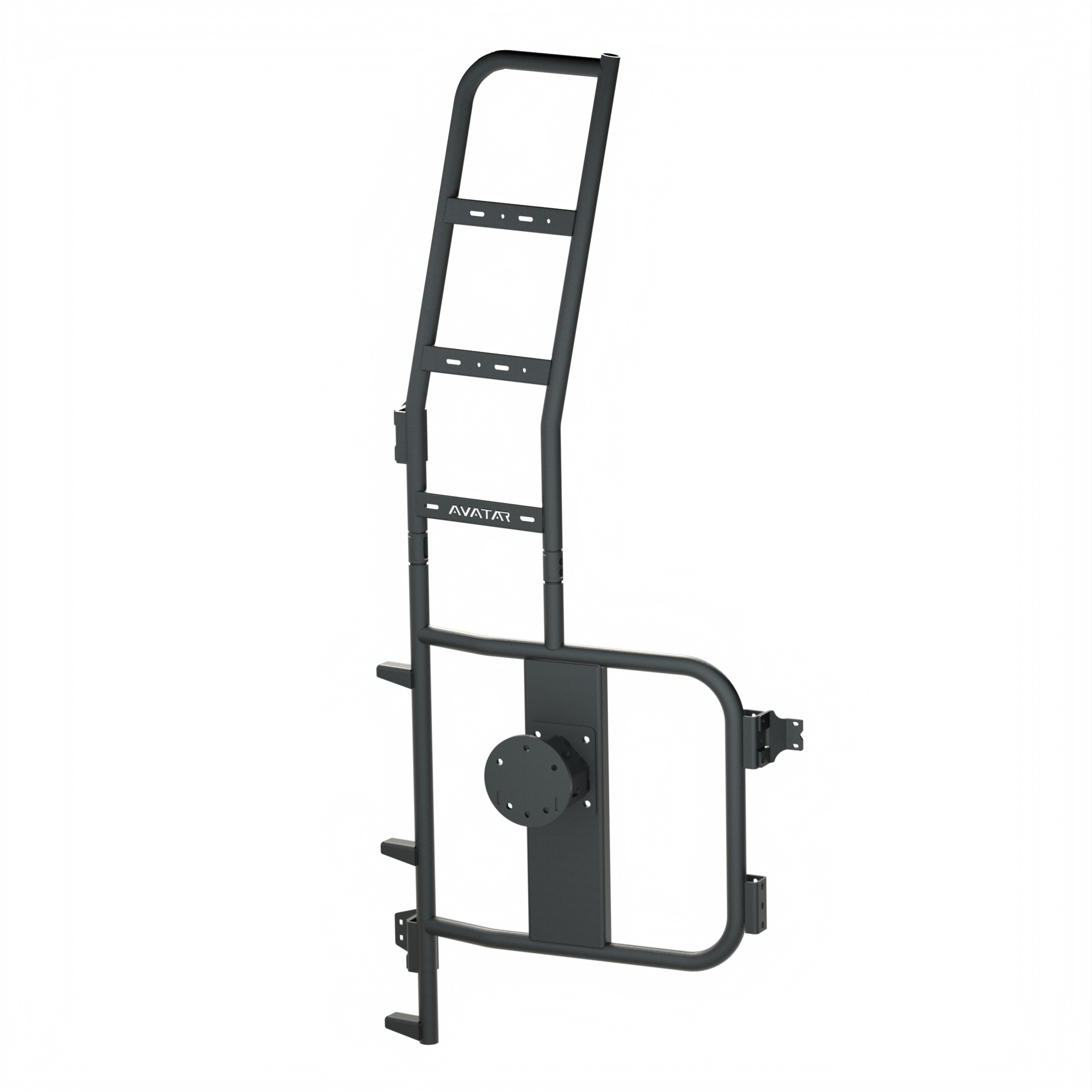 Avatar Offroad rear ladder with tire carrier on a Mercedes Sprinter rear door, holding a spare wheel