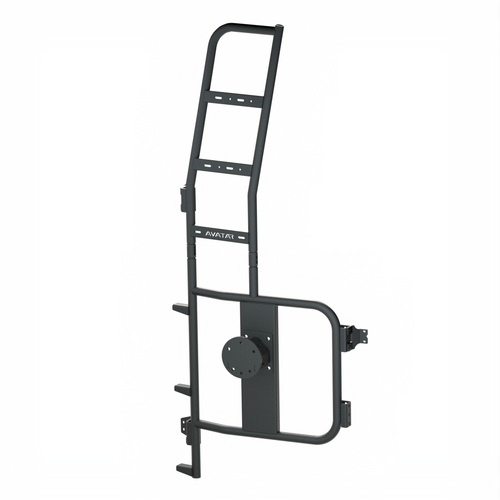 Avatar Offroad rear ladder with tire carrier on a Mercedes Sprinter rear door, holding a spare wheel