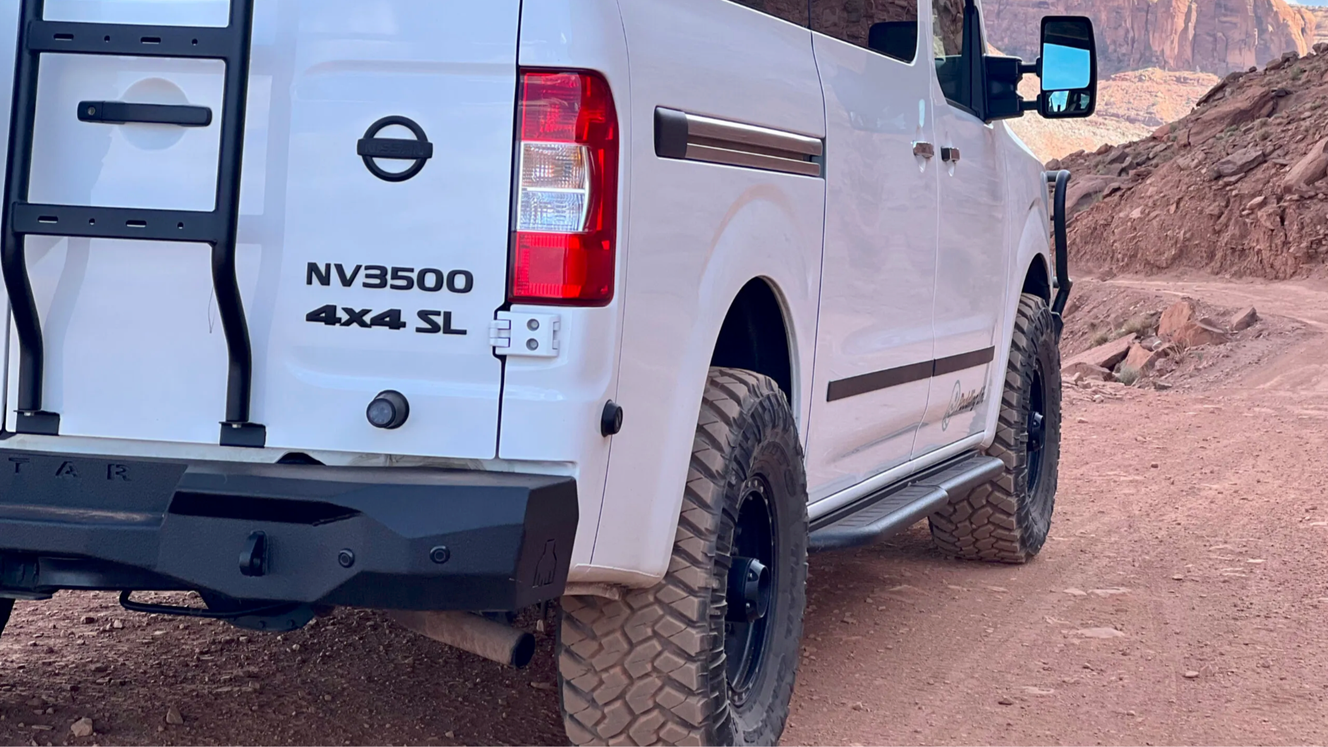 Alternate view of the Avatar Offroad Rockbody Side Steps for Nissan NV3500, fitted to an overland van build