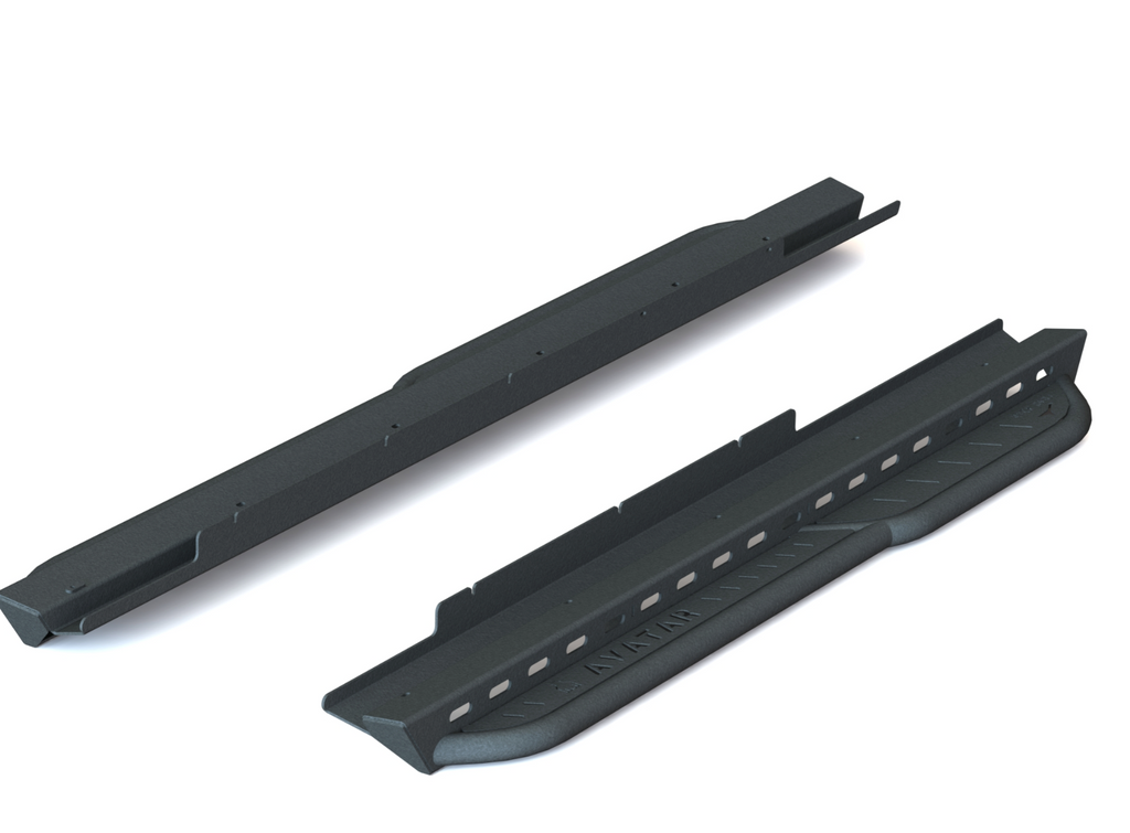 Close up of the Avatar Offroad Rockbody Side Steps for Nissan NV3500, fitted to an overland van build