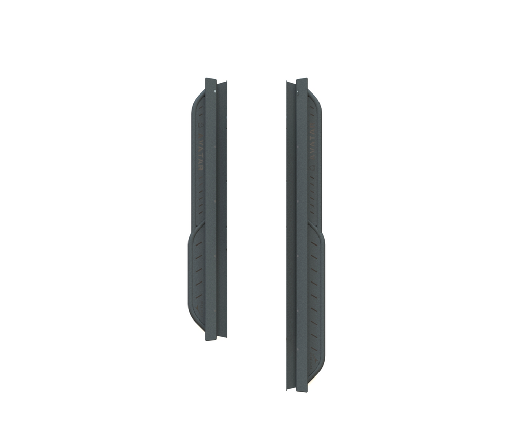 Angled view of the Avatar Offroad Rockbody Side Steps for Nissan NV3500, fitted to an overland van build