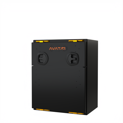 Avatar Offroad Niko van storage box shown closed, a matte black powder coated aluminium rear door box