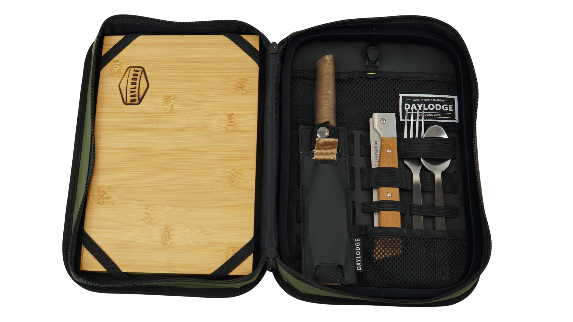 DAYLODGE Gaucho kitchen case shown open, a hard shell camp kitchen case with fitted compartments