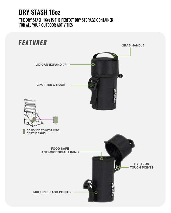 DAYLODGE Stash 16 dry goods storage bag shown with its dimensions and capacity specifications
