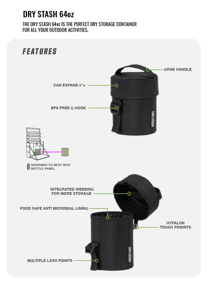 Specification diagram for the DAYLODGE Stash 64 Dry Goods Storage Bag, part of a vehicle based camp and travel setup