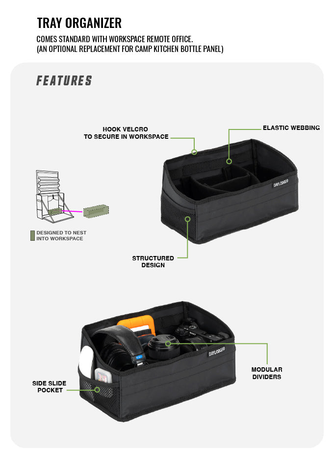 Specification diagram for the DAYLODGE Workspace Field Bag, part of a vehicle based camp and travel setup